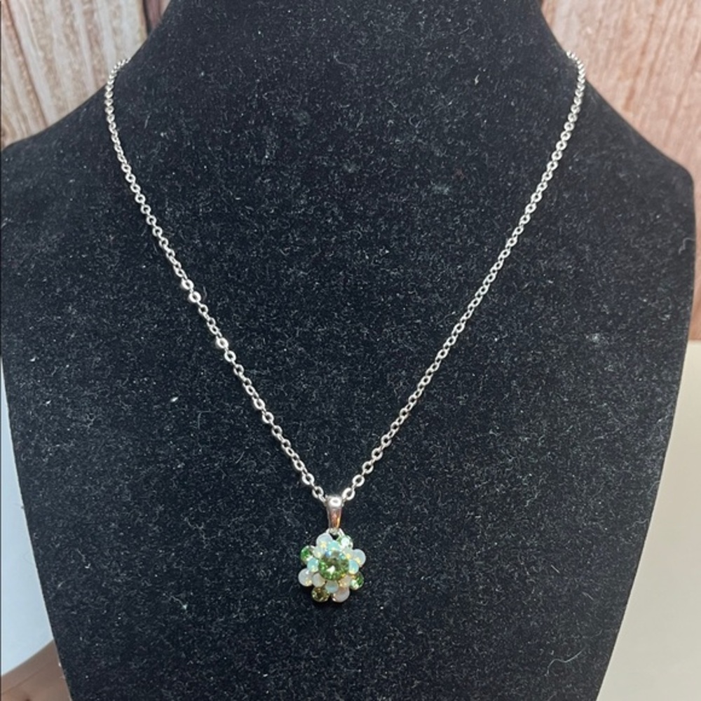 Lia Sophia Silver Flower Necklace with Green and White Pendant